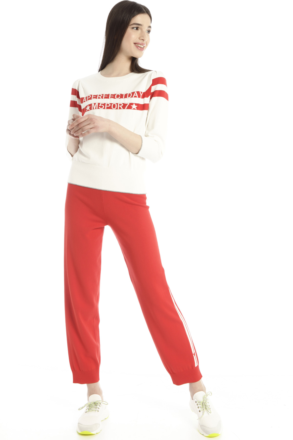 Pantaloni dritti in maglia, rosso bianco - Intrend