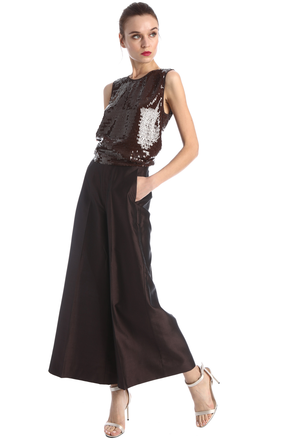 Pantaloni in shantung di seta, marrone freddo - Intrend