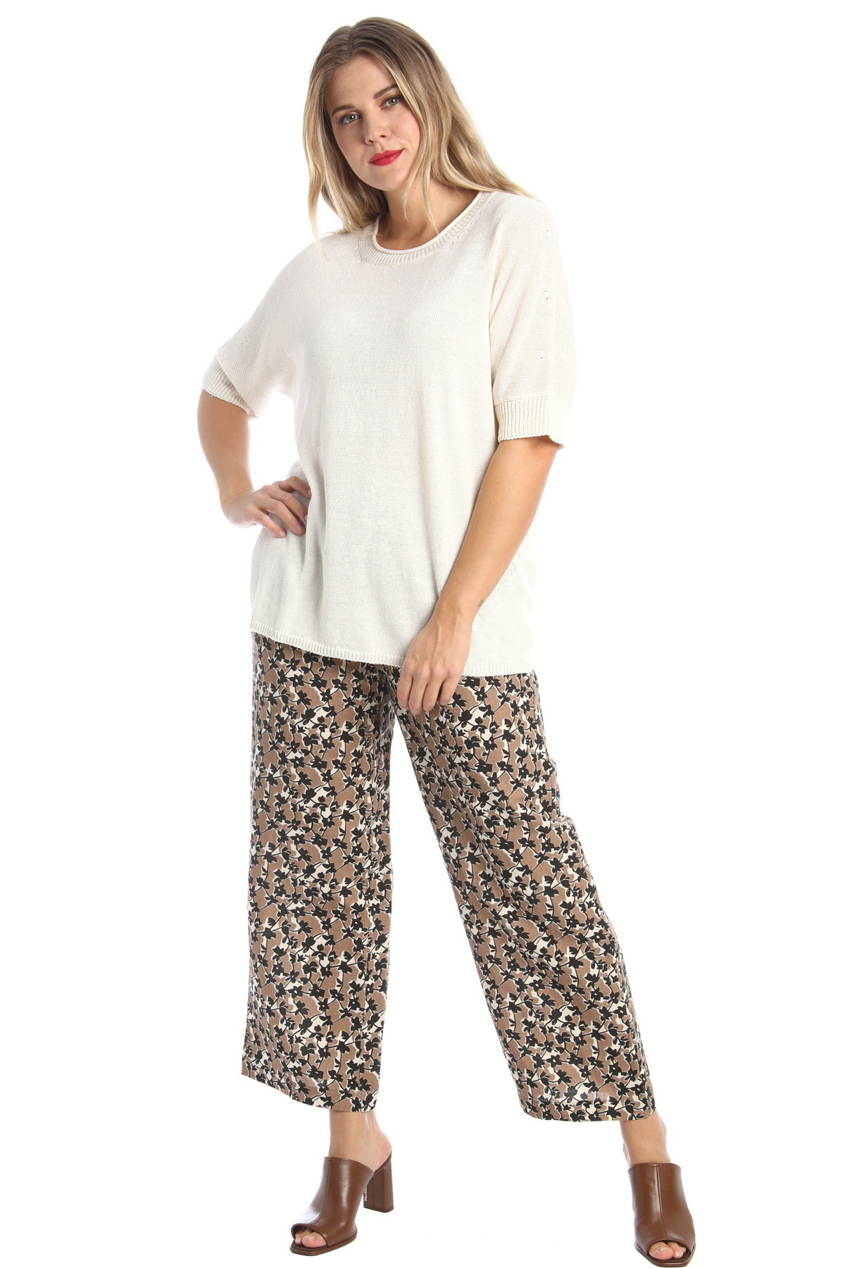 Pantaloni in lino e viscosa, marrone nero bianco - Intrend