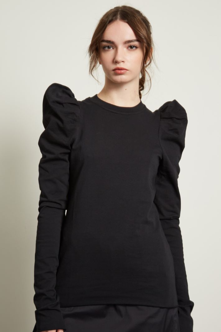 XIEERDUO Top Donna Maniche A Sbuffo - Elegante Oversize Scollo Rotondo - Nero, Taglia M, Tessuto Morbido