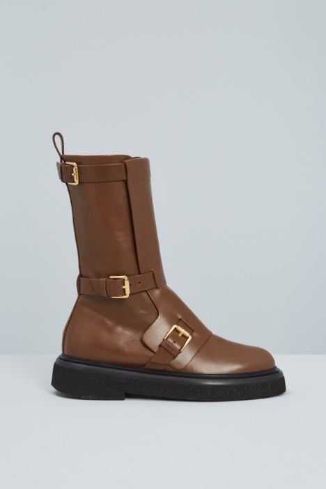 Leather biker boots with straps Intrend