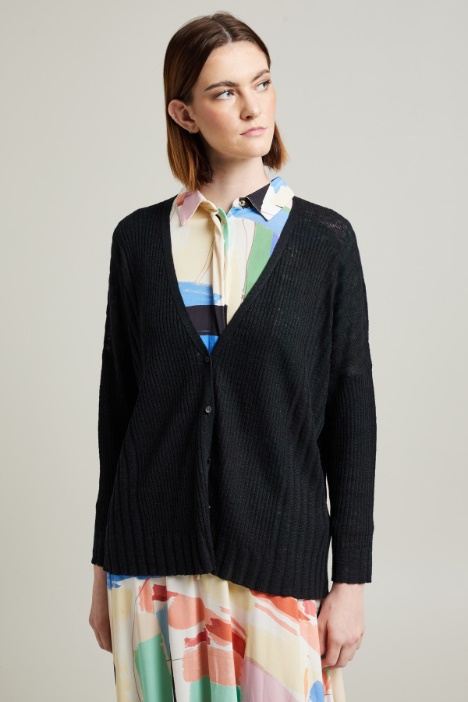 Cardigan over in lino a coste