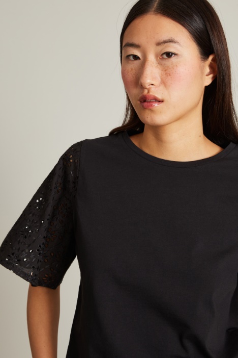 T-shirt con maniche in sangallo