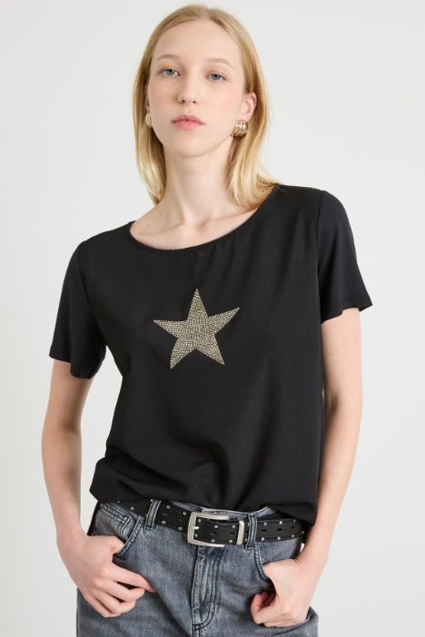 Bi-material T-shirt with rhinestones Intrend