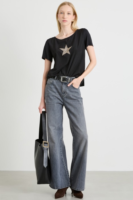 Bi-material T-shirt with rhinestones Intrend