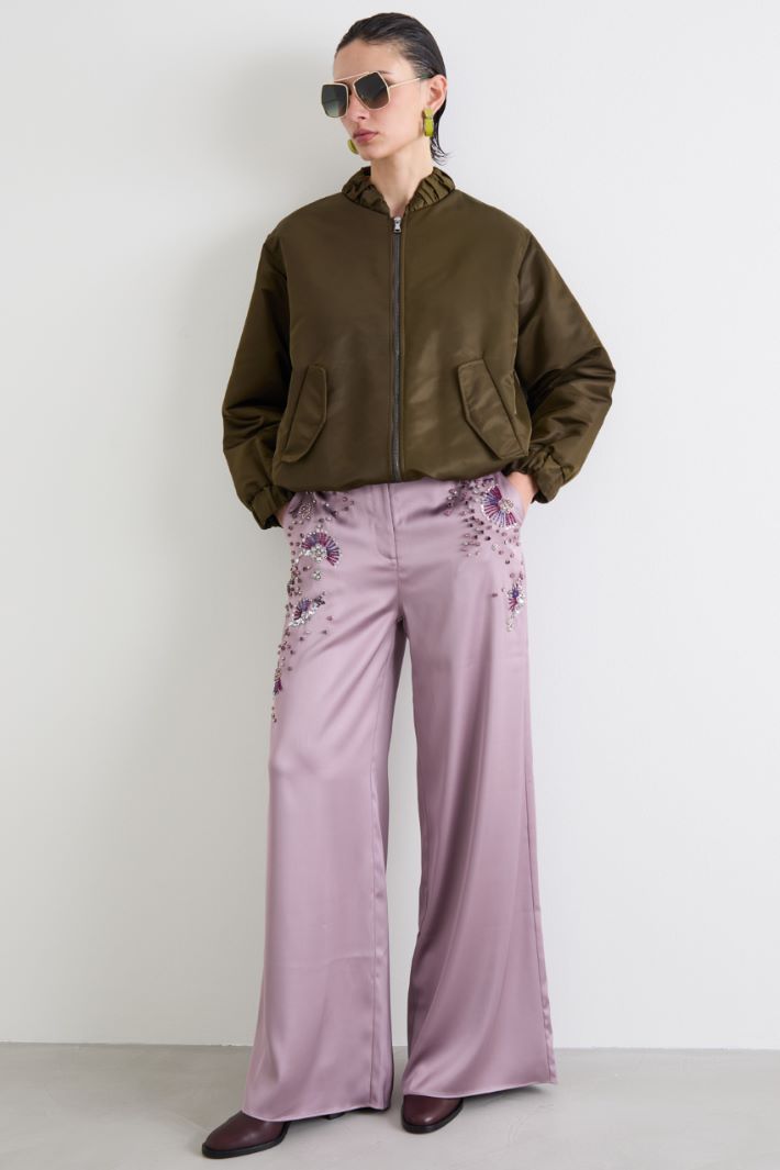 Satin trousers with bejewelled embroidery Intrend