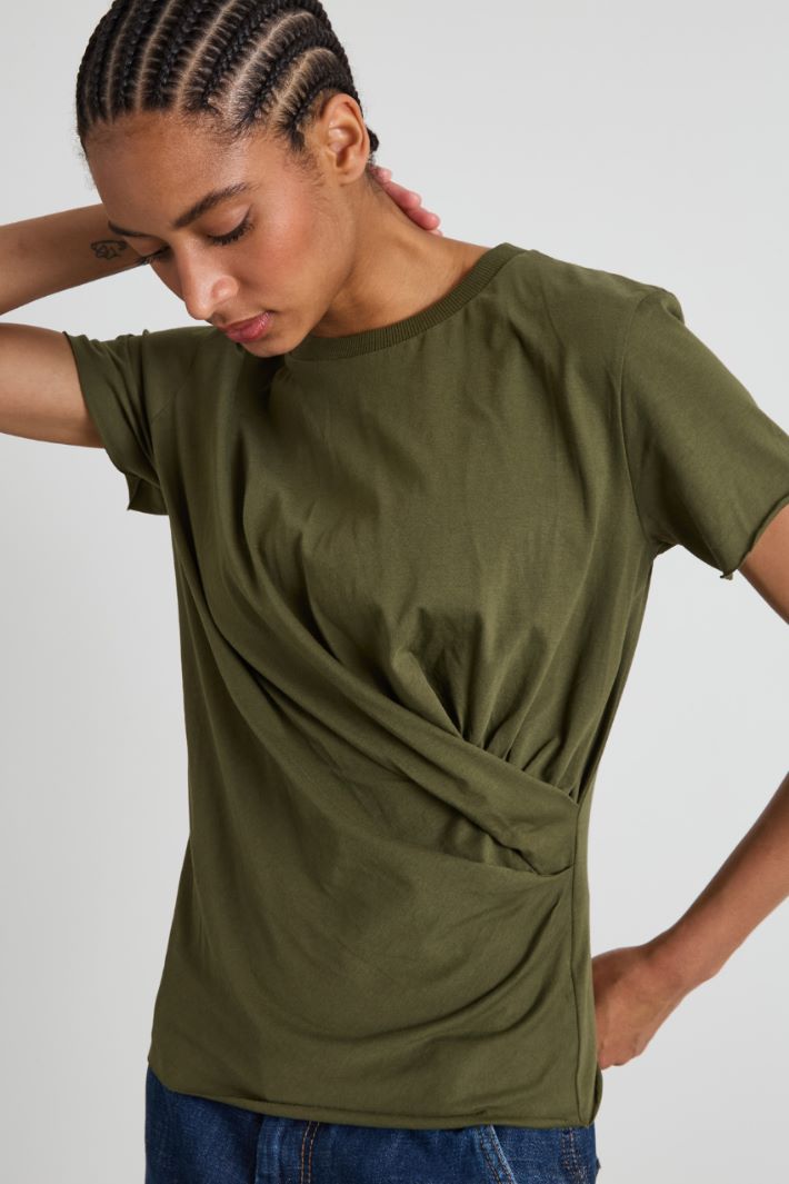 Draped cotton T-shirt - KHAKI GREEN - Intrend - 3