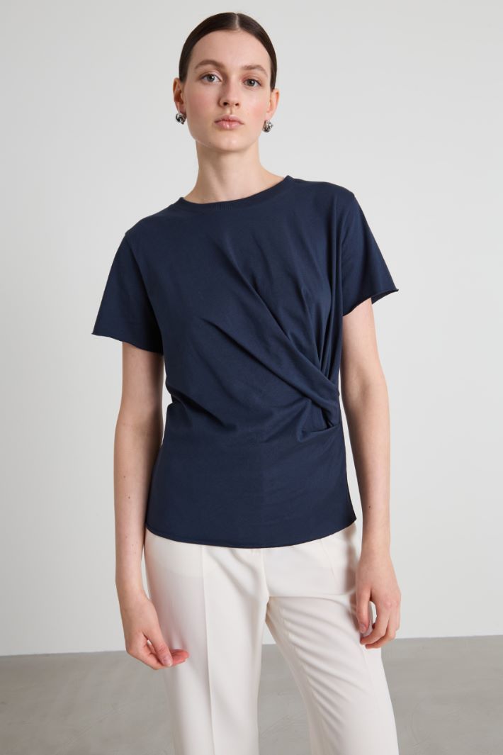 Draped cotton T-shirt - BLUE - Intrend - 2