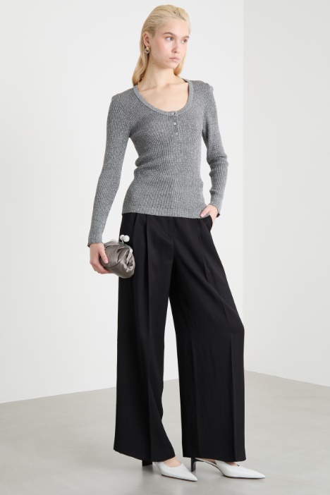 Metallic-finish knit Henley top Intrend