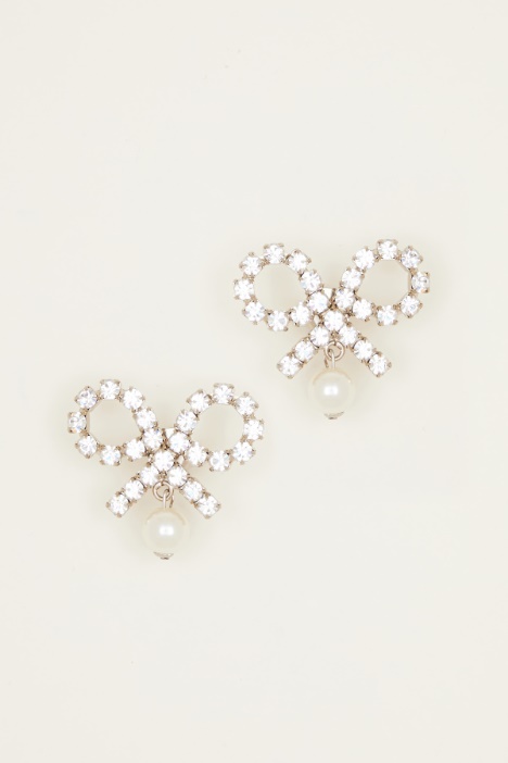 Rhinestone bow earrings with pearl drop Intrend