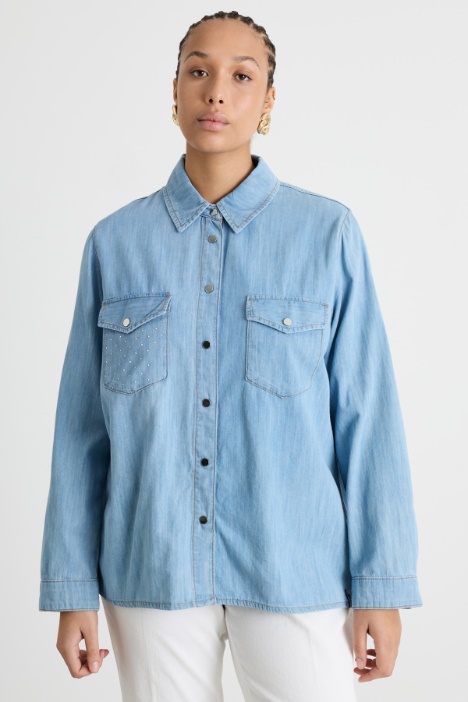 Rhinestone-Embellished Denim Shirt Intrend