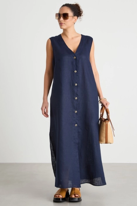 Long V-neck linen dress - Intrend