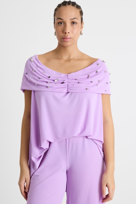 Camicetta Estiva Donna Con Stampa Ortensie Viola E Lavanda - Maniche Pipistrello, Vestibilità Comoda, Taglie Forti S-XXL