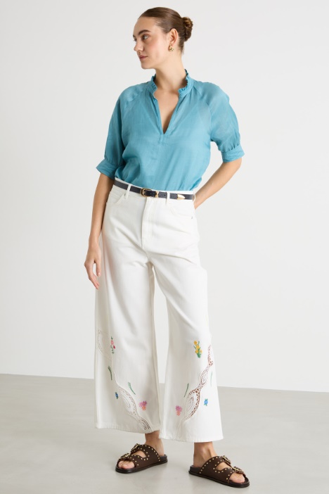 Wide-Leg Trousers with Embroidery and Lace Trim Intrend