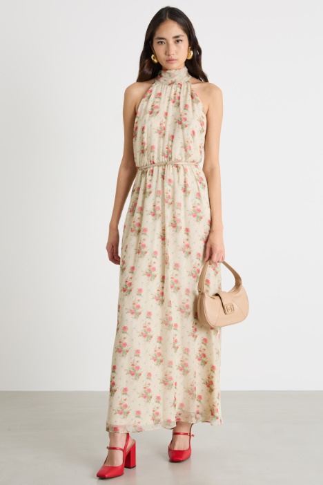 Halterneck dress in printed silk Intrend