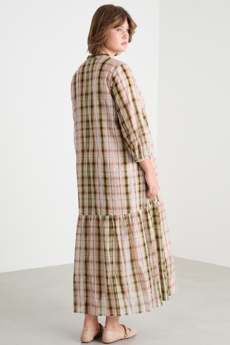 Abito in voile check con colletto alla coreana