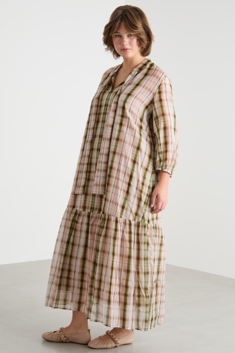 Abito in voile check con colletto alla coreana