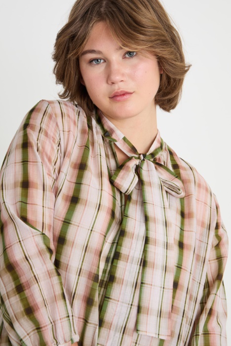 Abito in voile check con colletto alla coreana