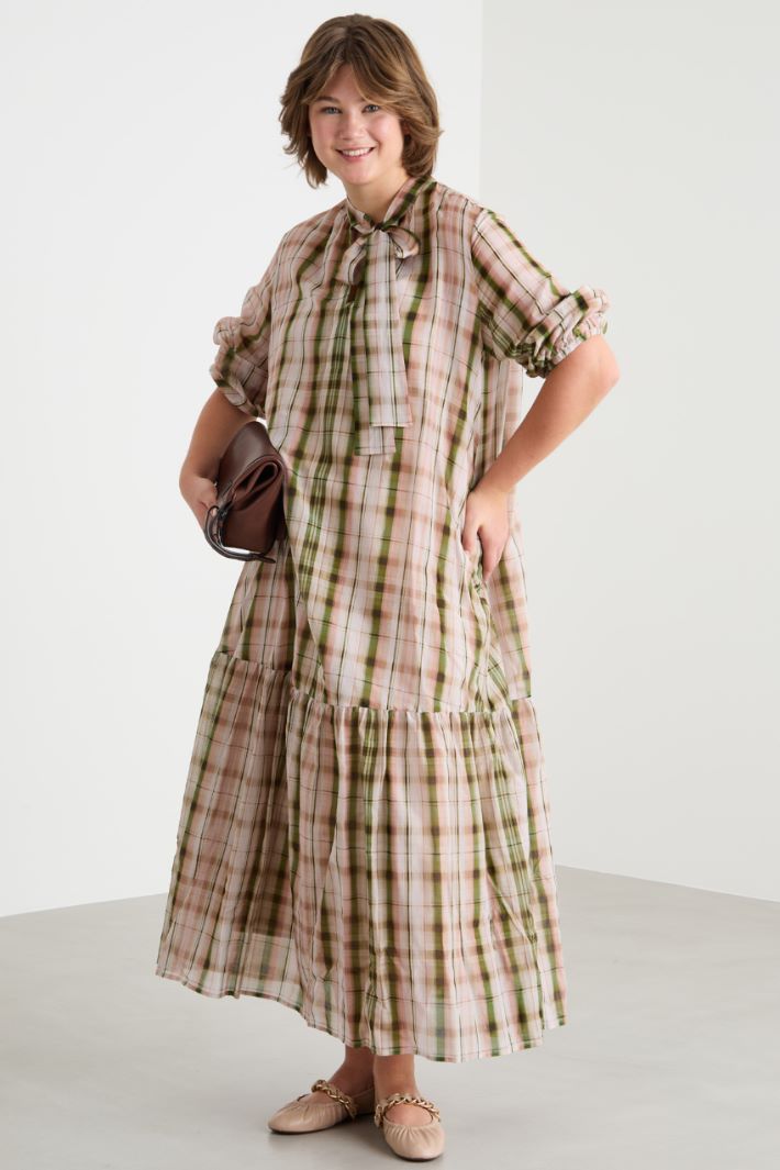 Check voile dress with mandarin collar Intrend