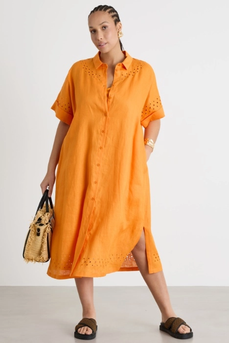 Openwork linen canvas shirt dress - Intrend