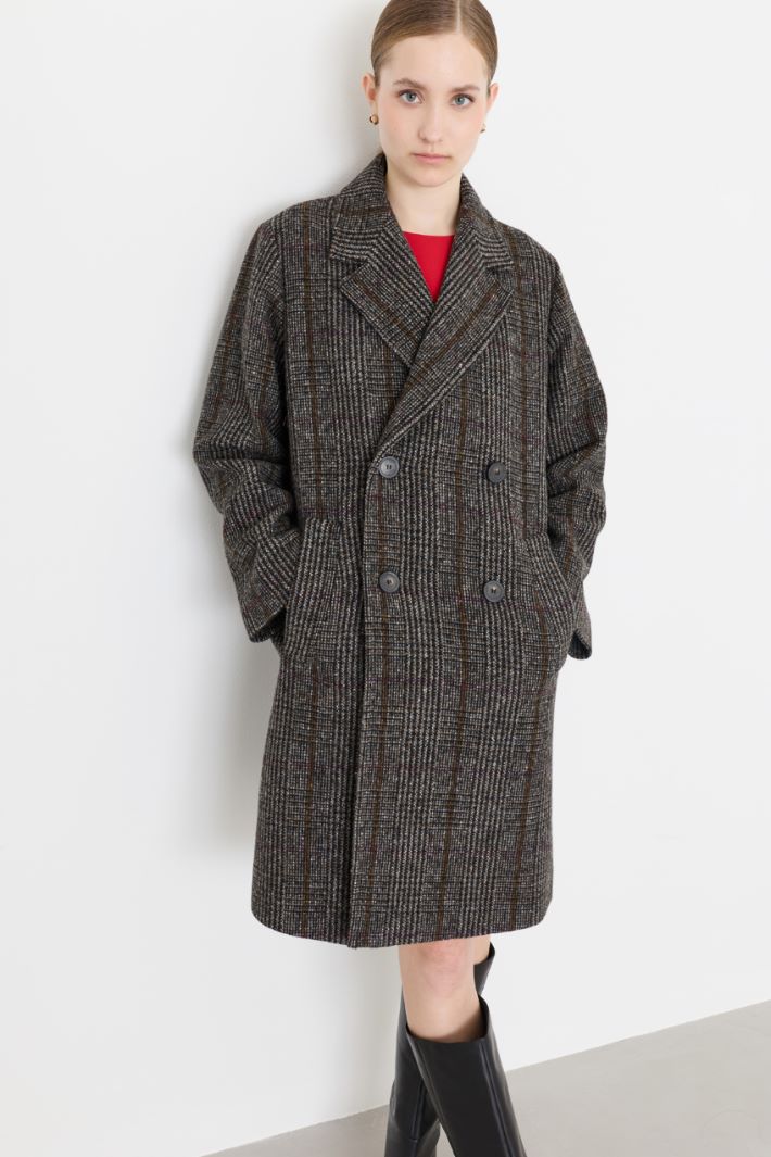 Double-Breasted Bouclé Coat - GREY RED - Intrend - 3
