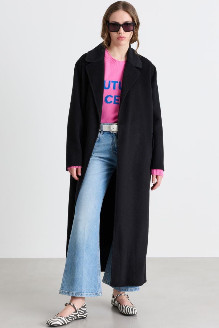 Wool-Blend Robe Coat - BLACK - Intrend