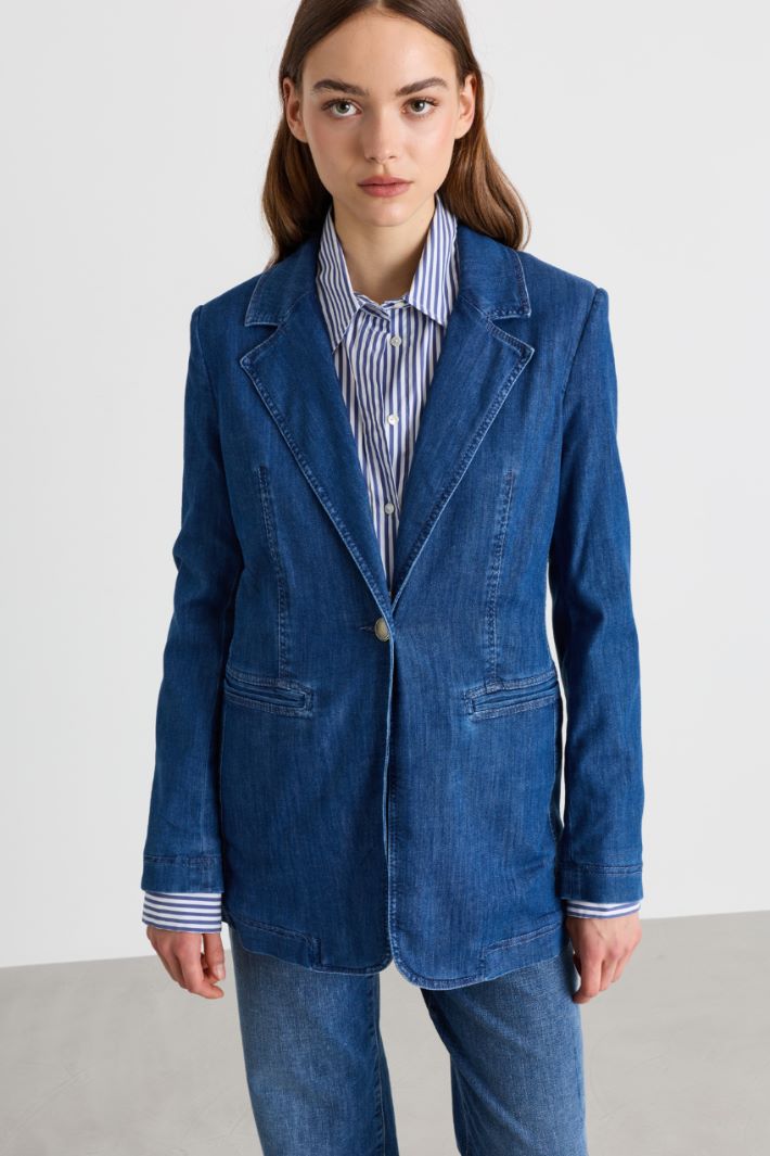 Single-Button Denim Blazer - BLUE - Intrend - 2