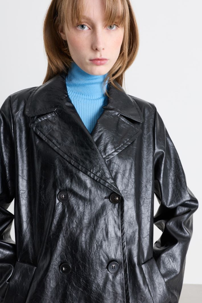 Coated Fabric Trench Coat - BLACK - Intrend - 3