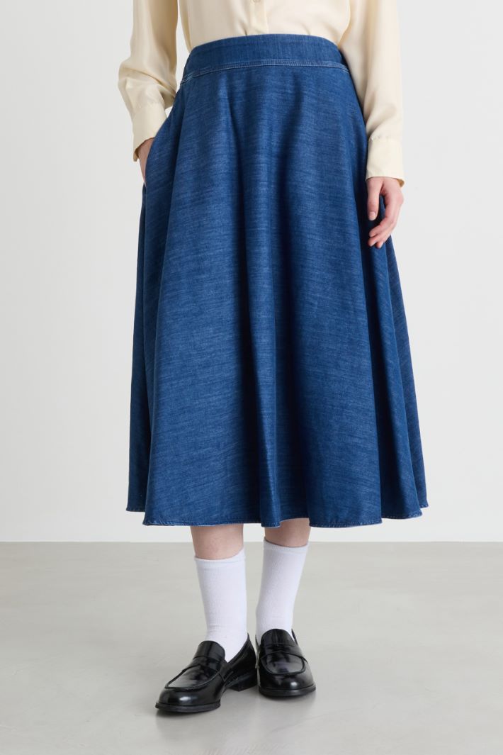 Denim-Effect Midi Skirt with Pockets - BLUE - Intrend - 2