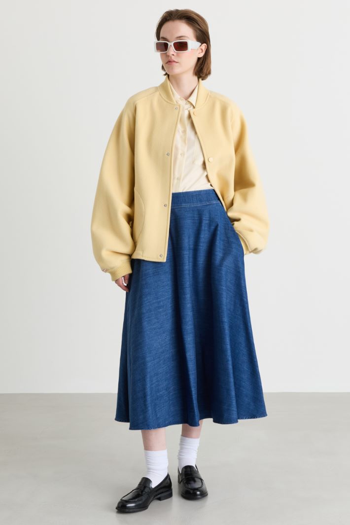 Denim-Effect Midi Skirt with Pockets - BLUE - Intrend