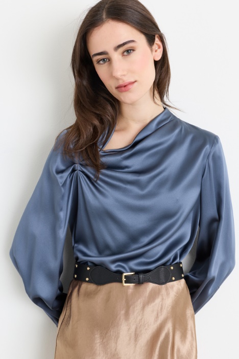Satin Blouse with Draped Detail - Intrend