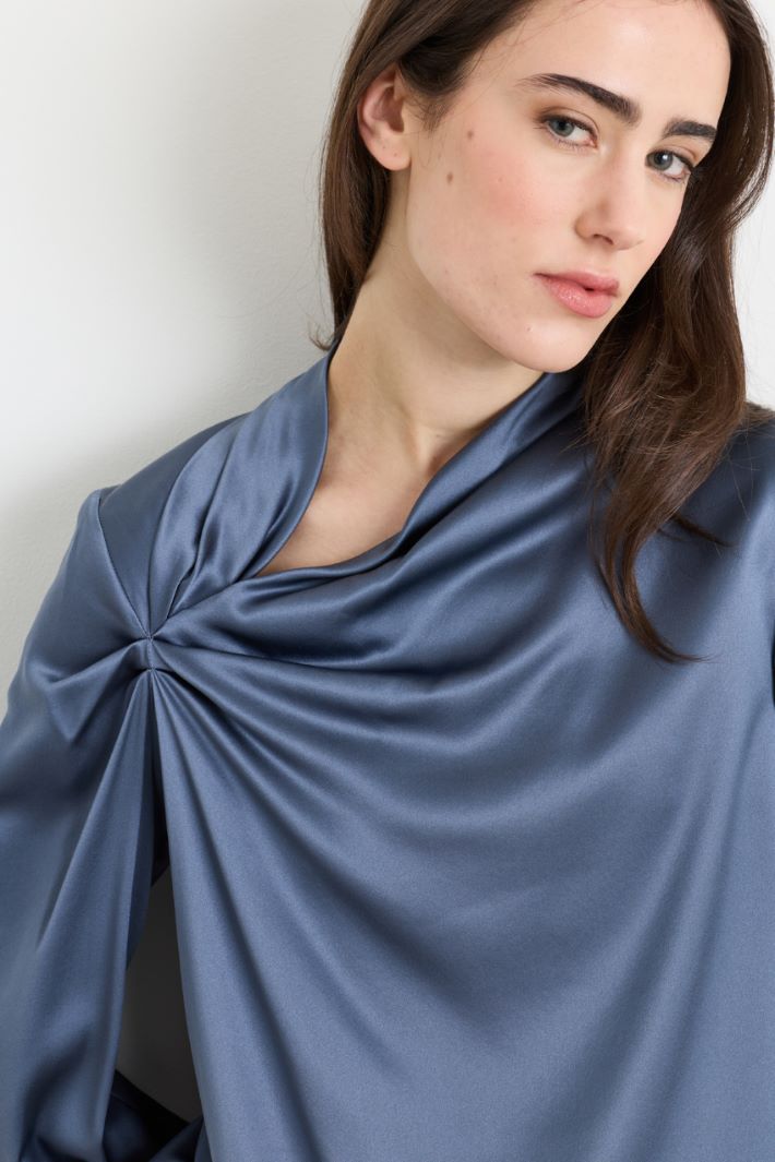 Satin Blouse with Draped Detail - BLUE - Intrend - 3