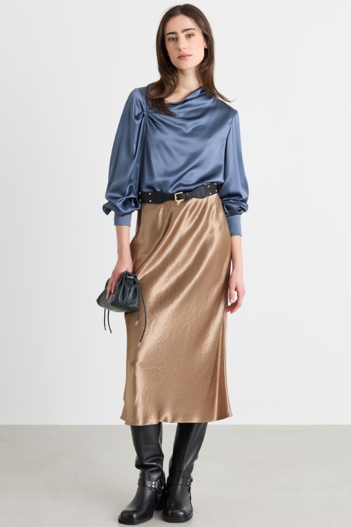 Satin Blouse with Draped Detail - BLUE - Intrend