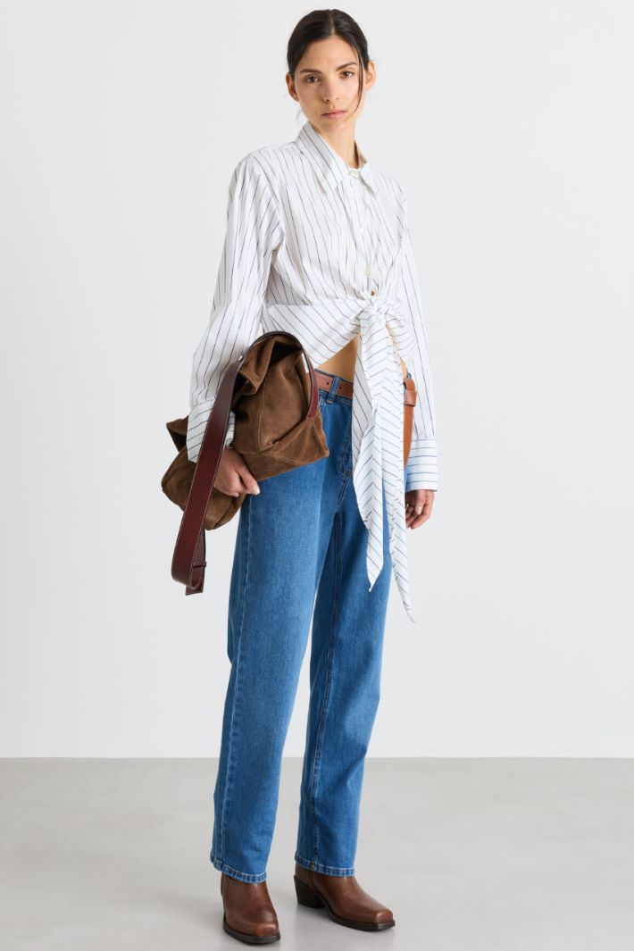 Tie-Front Shirt - WHITE BLUR GREEN - Intrend