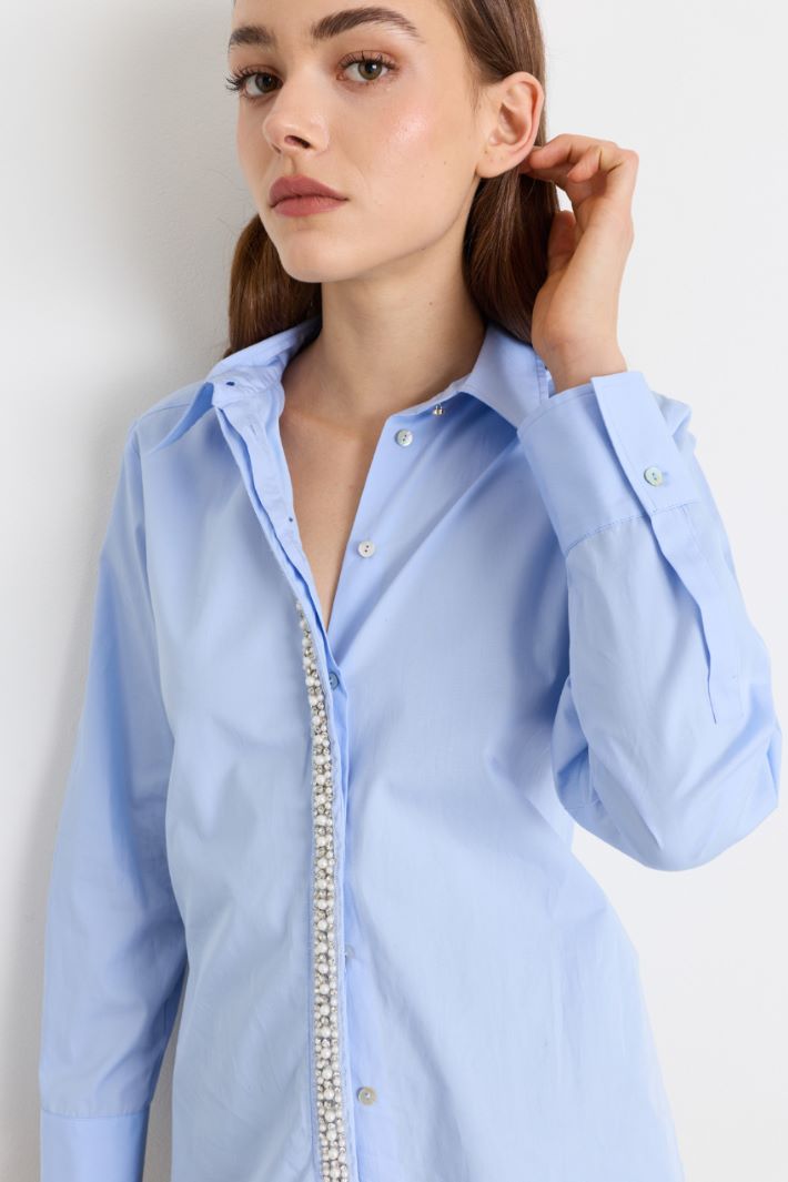Camicia in popeline con dettagli di perle e strass - AZZURRO - Intrend - 3