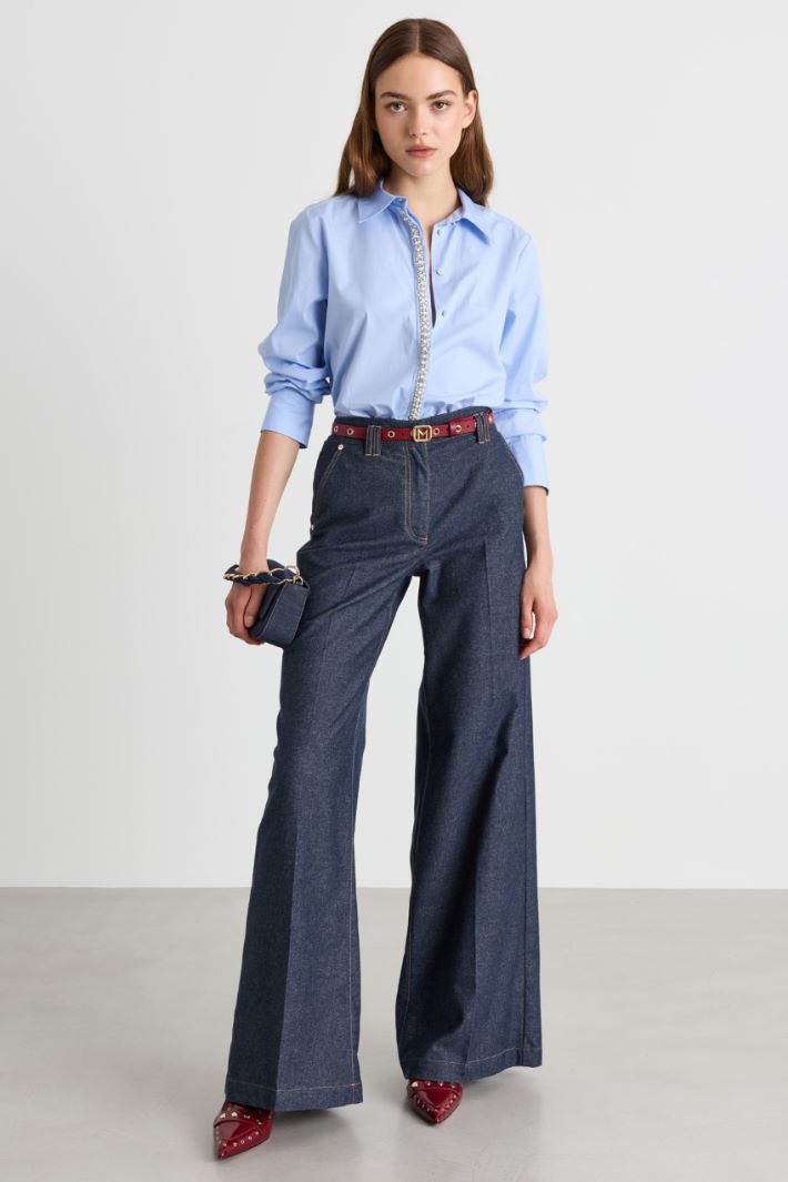 Camicia in popeline con dettagli di perle e strass - AZZURRO - Intrend