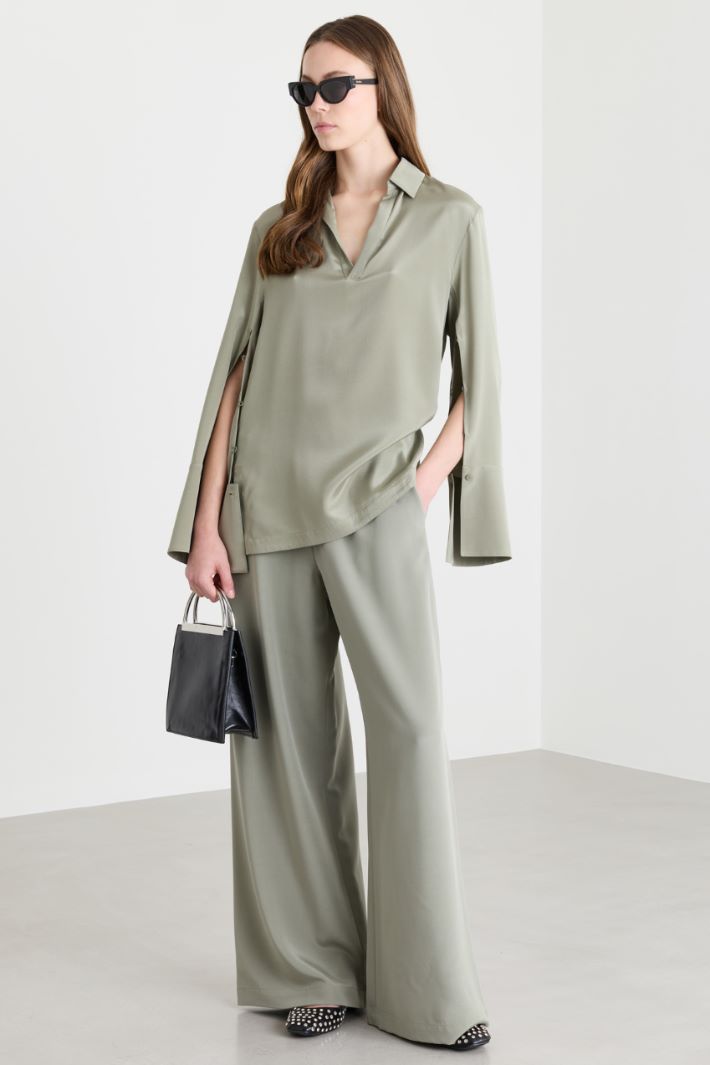 Wide-leg crepe de chine trousers - GREEN - Intrend