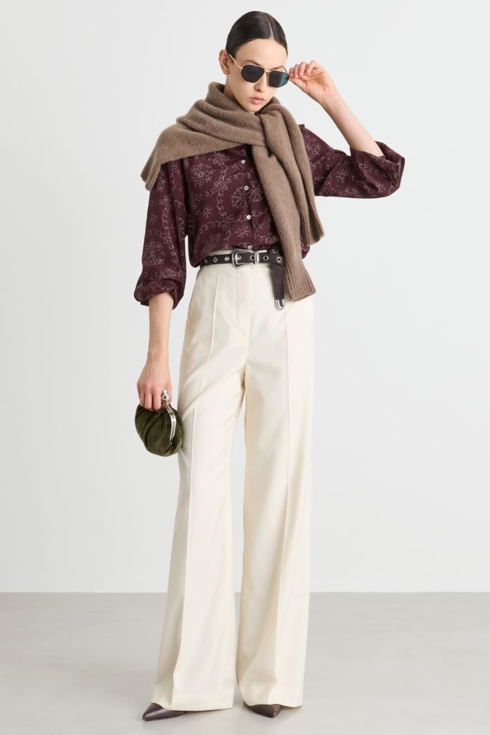 Pantalone a vita alta in tela di lana leggera - BIANCO - Intrend