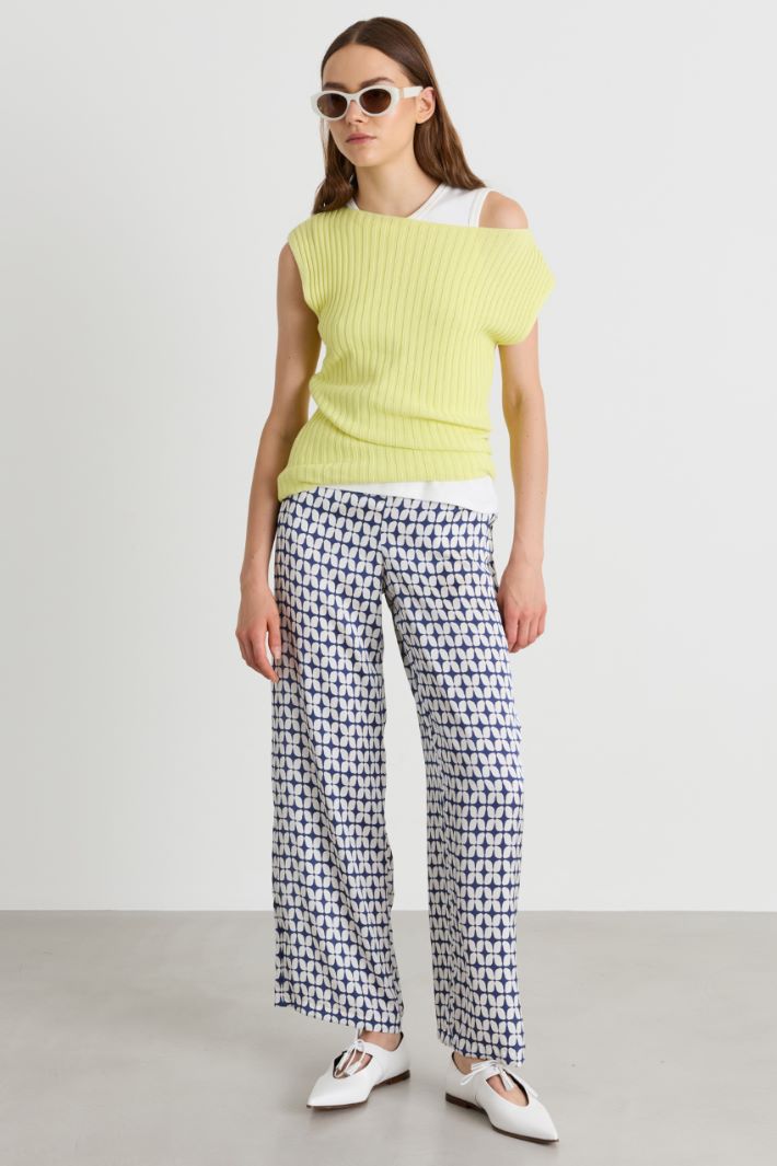 Patterned satin trousers - BLUE WHITE - Intrend