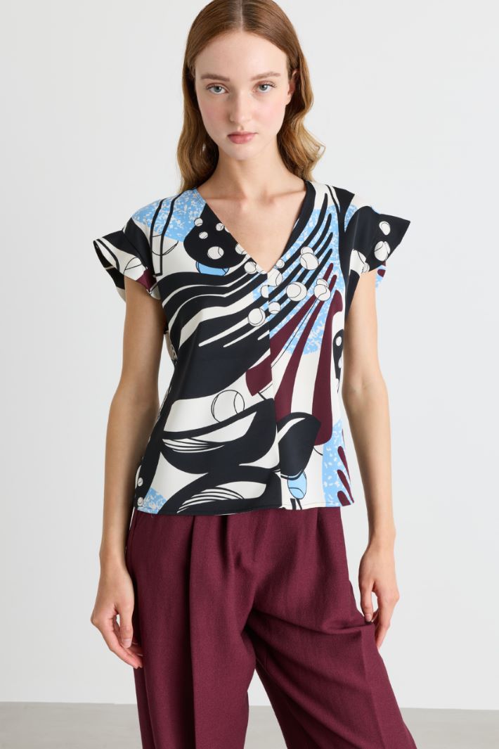 Ruffle-Trimmed Top - WHITE BLACK BORDEAUX - Intrend - 2