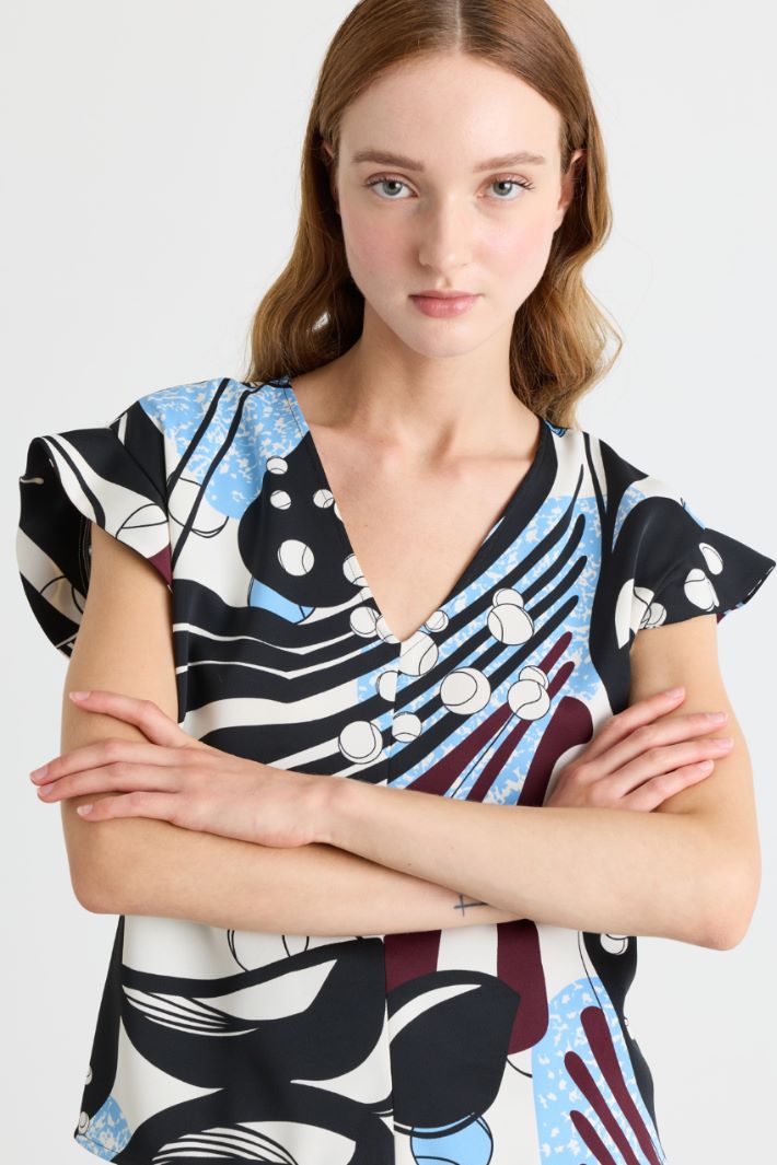 Ruffle-Trimmed Top - WHITE BLACK BORDEAUX - Intrend - 3