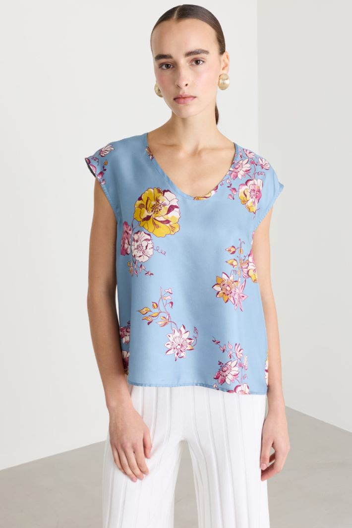 Floral silk twill blouse - LIGHT BLUE - Intrend - 2