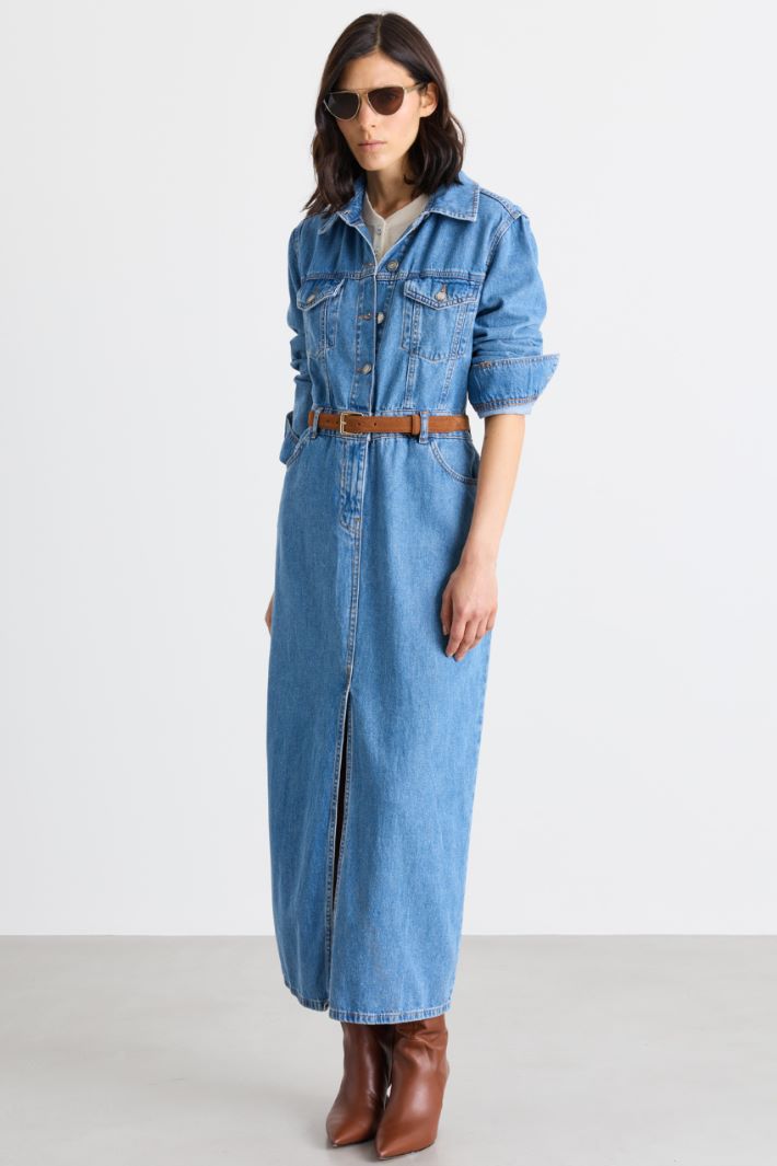 Lightweight Denim Shirt Dress - LIGHT BLUE - Intrend