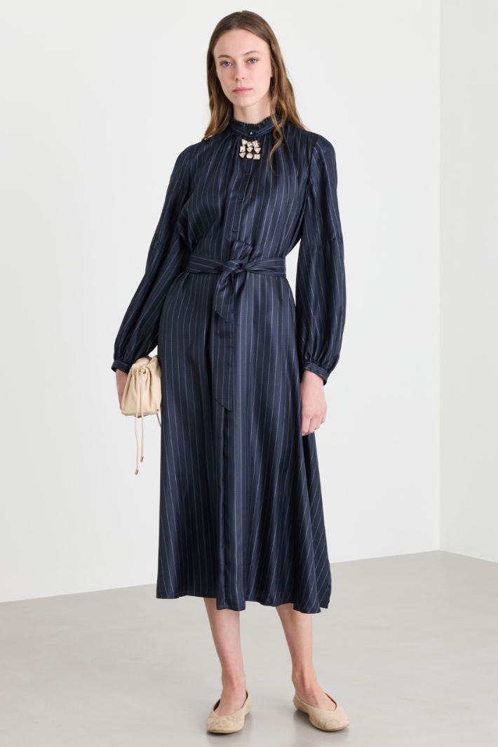Long Balloon-Sleeve Shirt Dress - BLUE - Intrend