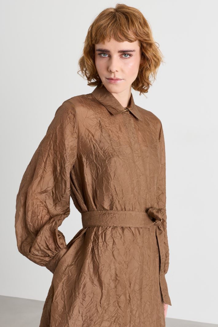 Crinkled Canvas Shirt Dress - BROWN - Intrend - 3