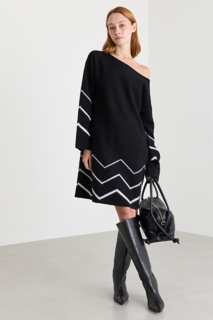 Jacquard intarsia knit dress - BLACK - Intrend