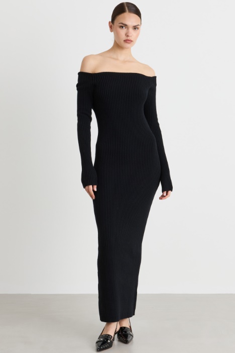 Abito tubino in lana e cashmere con spalle scoperte