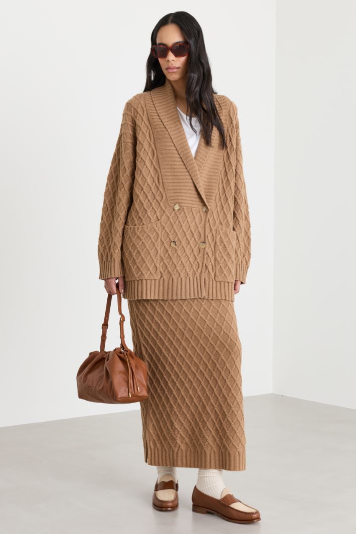 Textured-knit double-breasted cardigan - CAMEL - Intrend