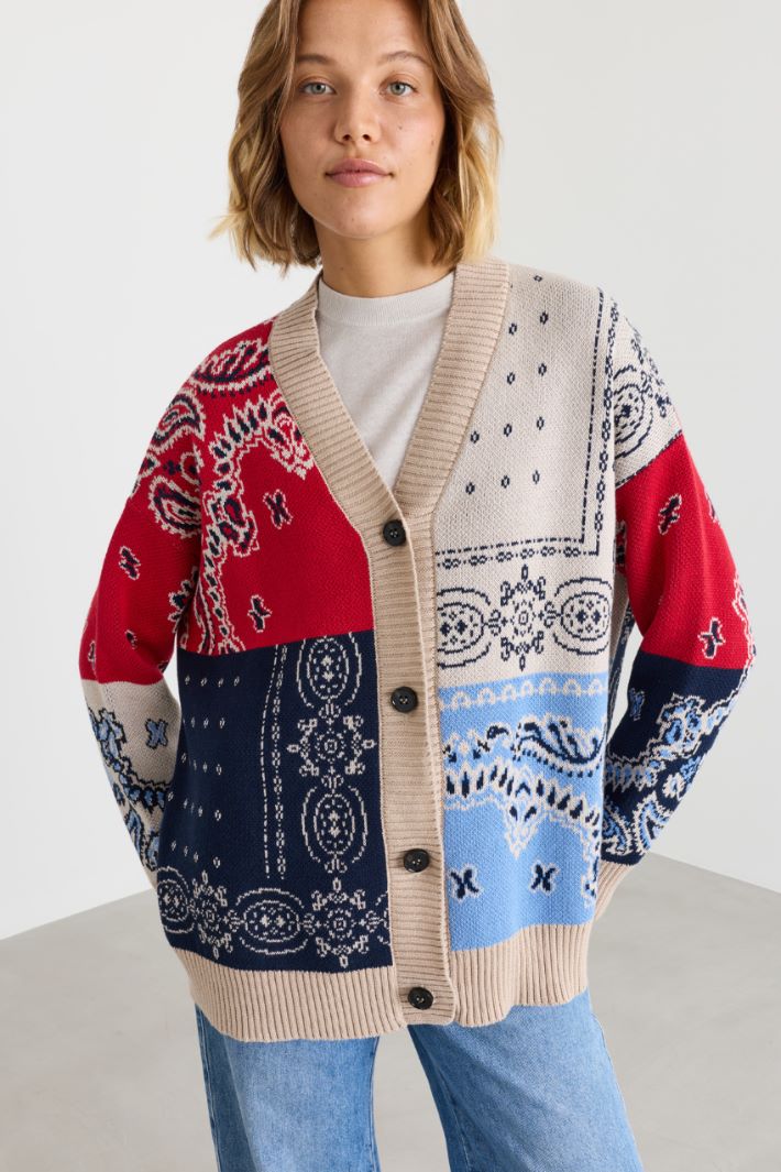 Cardigan oversize en fil jacquard - ROUGE BLEU - Intrend - 3