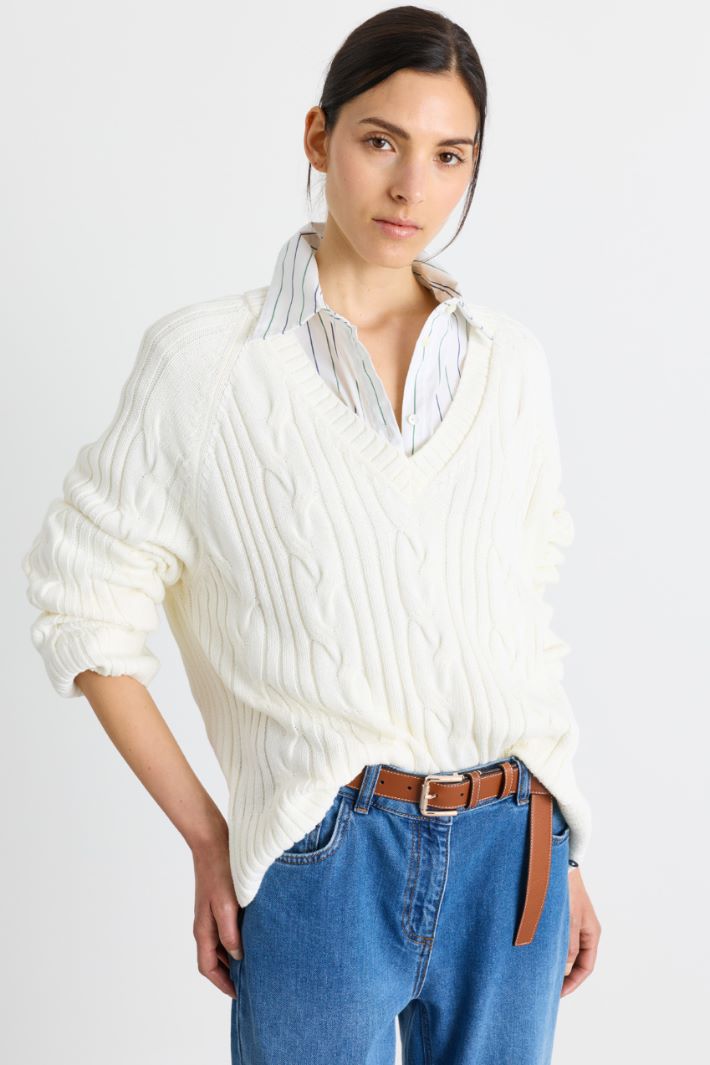 Cable and Rib-Knit Jumper - WHITE - Intrend - 2